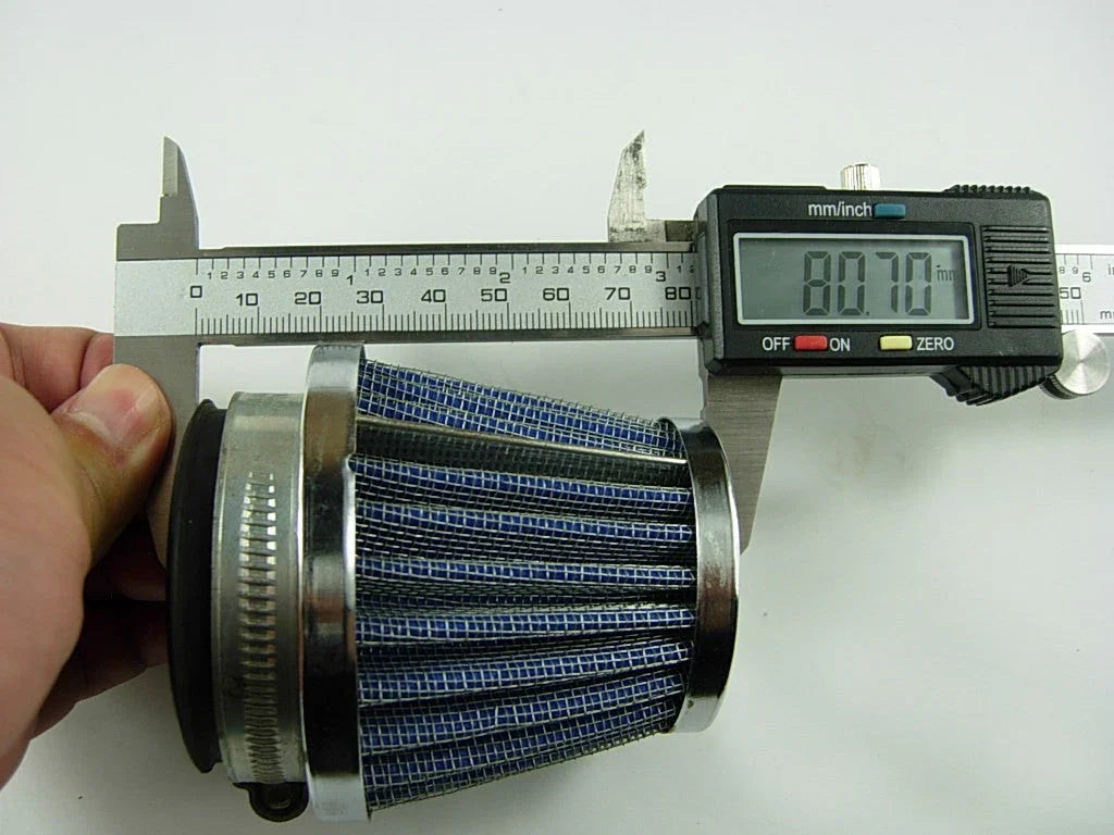 Digital caliper measuring the diameter of a blue cone air filter showing 80.70 mm on screen
