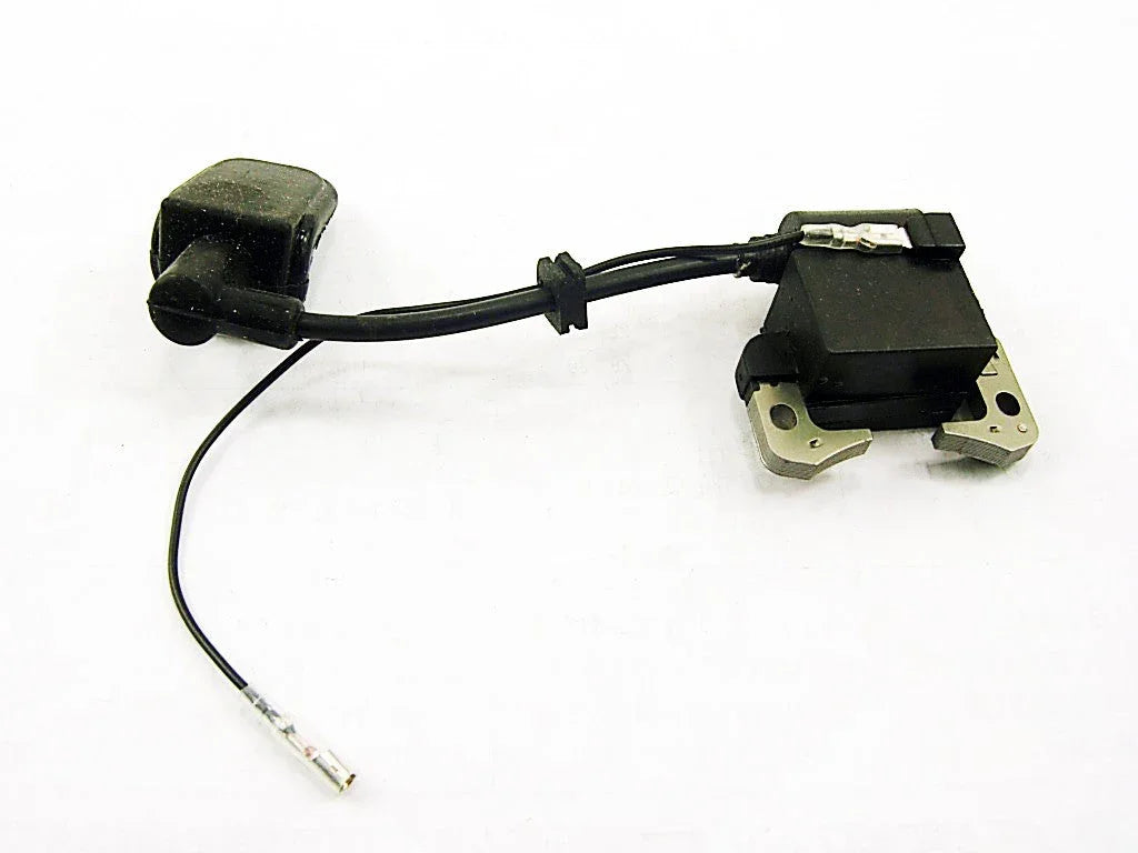 black ignition coil with wire and spark plug connector on white background
