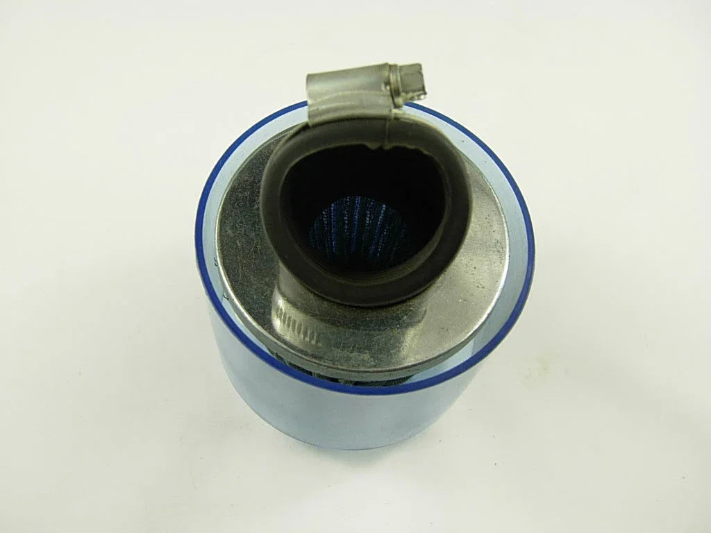 Blue and silver cylindrical air filter with black rubber intake and metal clamp on white background