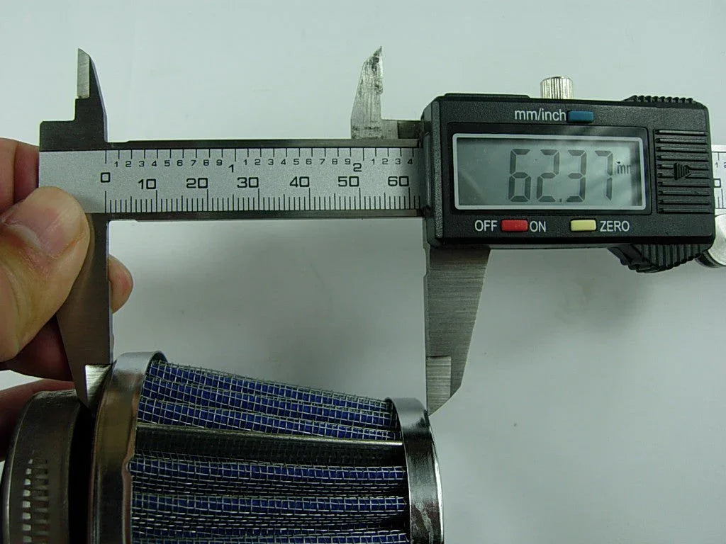 Digital caliper measuring a small blue air filter with metal frame showing 62.37 mm