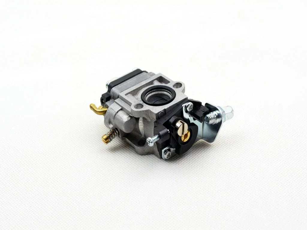 Small carburetor for gas-powered engine with metal and plastic components on white background