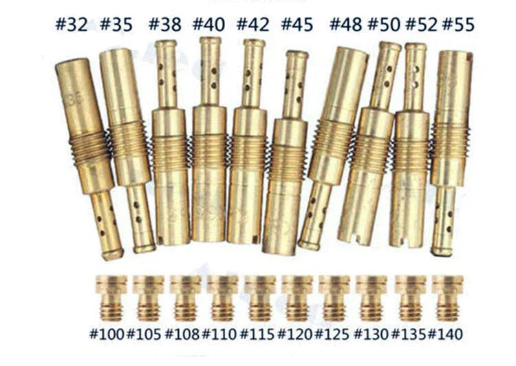 The ChinesePartsUSA 10-piece Carburetor Main Jet & Slow/Pilot Jet Set fits 150cc/125cc GY6 carburetors and PWK, Keihin, OKO, KOSO, and CVK models; jets are labeled by size and neatly arranged in two rows.