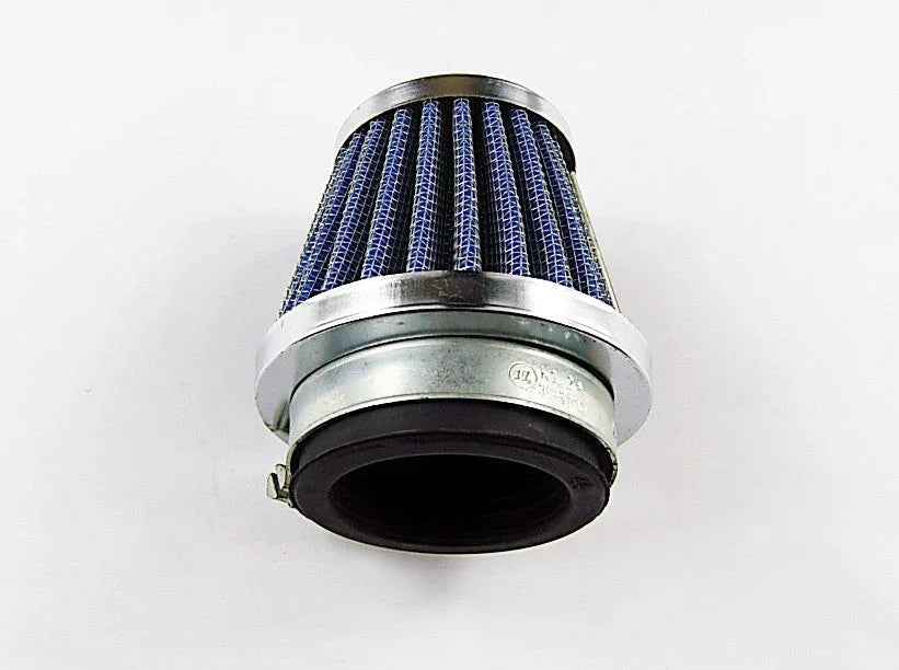 Blue cone-shaped air filter with metal base and clamp on white background