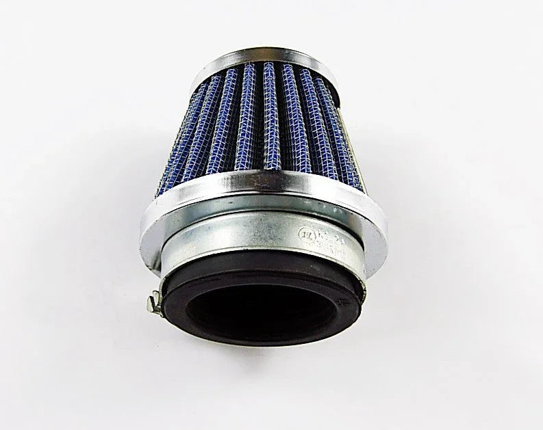 Blue cone air filter with metal mesh and clamp on white background