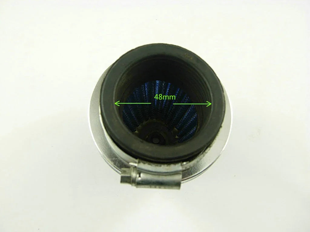 Top view of 48mm blue cone air filter with black rubber rim and metal clamp