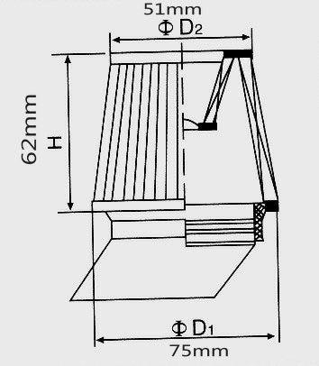 Technical drawing of a mechanical part with dimensions 62mm height, 51mm and 75mm diameters