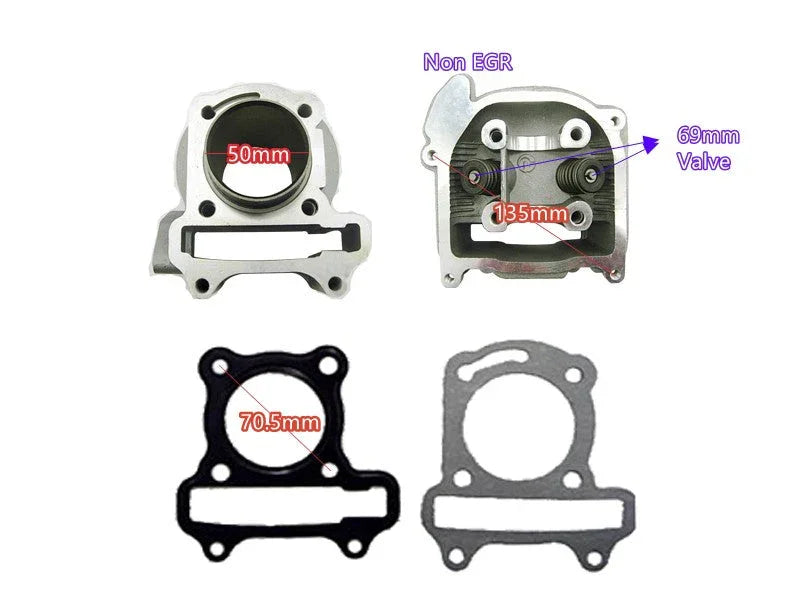 Engine cylinder head and gasket set showing measurements including 50mm and 69mm valves, 135mm spacing, and 70.5mm gasket diameter