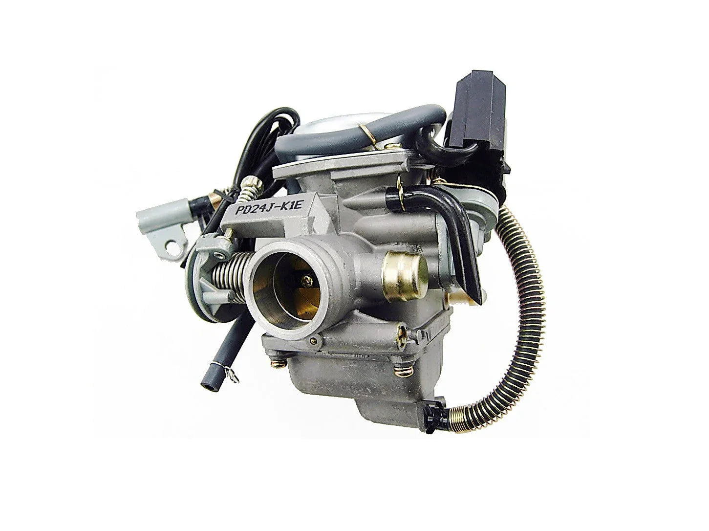 Close-up of a gray motorcycle carburetor PD24J-K1E with hoses and springs on a white background
