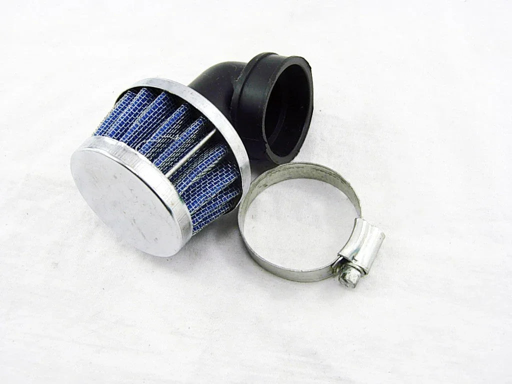 Small blue cone air filter with chrome top, black angled rubber connector, and metal clamp on white background
