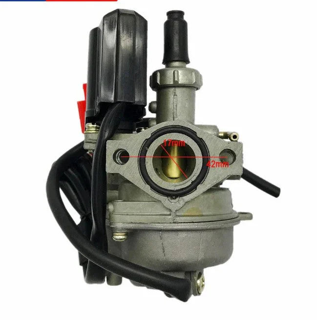 Close-up of a motorcycle carburetor with black cables and red measurement markings 17mm and 42mm on intake port