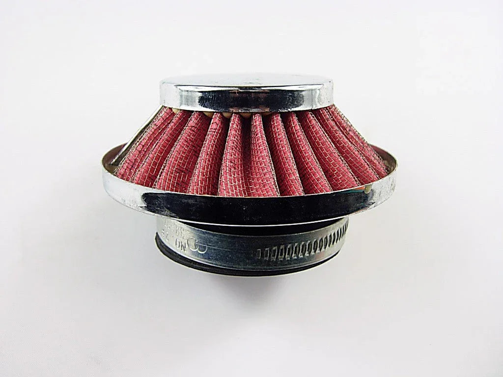 Round red pleated air filter with metal clamp and chrome top on white background