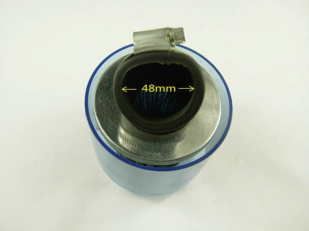 Blue and silver 48mm motorcycle air filter with rubber intake and metal clamp on white background