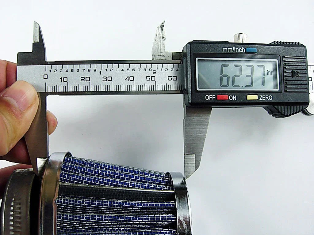 Digital caliper measuring a blue metal mesh filter with reading 62.37 mm on white background