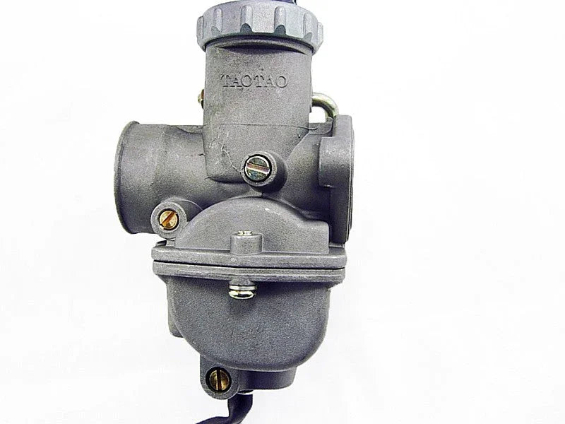 Gray TAOTAO carburetor for small engine or motorcycle with screws on white background