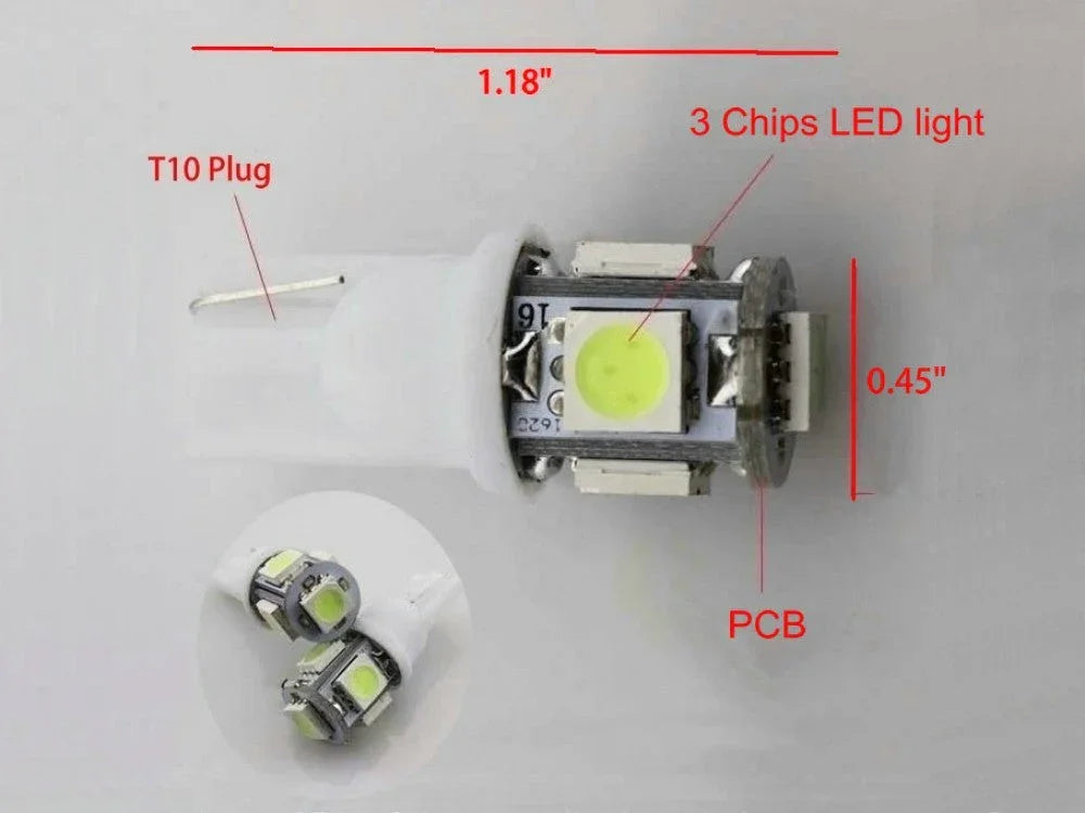 T10 plug LED light bulb with 3 chips on PCB, dimensions 1.18 by 0.45 inches, shown close-up