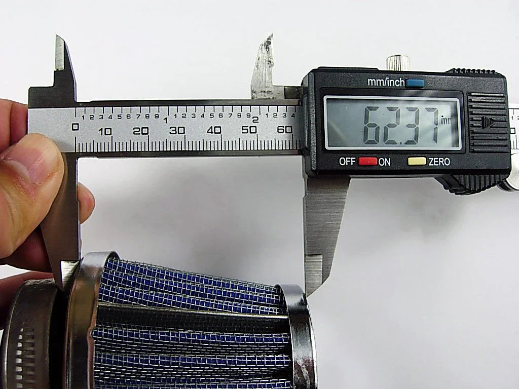 Digital caliper measuring a blue mesh air filter width showing 62.37 mm