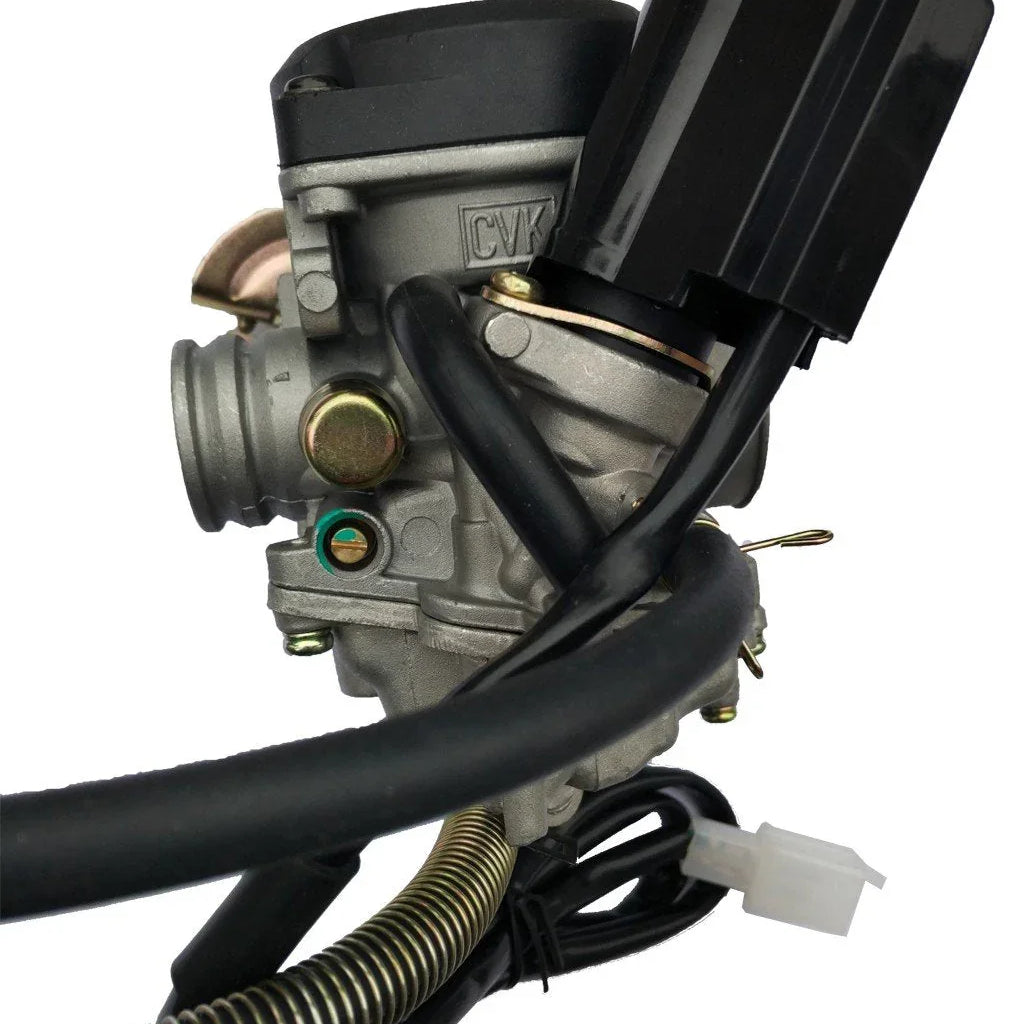 photo of 50cc scooter CVK carburetor explicitly designed for GY6 QMB139 4-stroke scooter, ATV, and dirt bike engines.