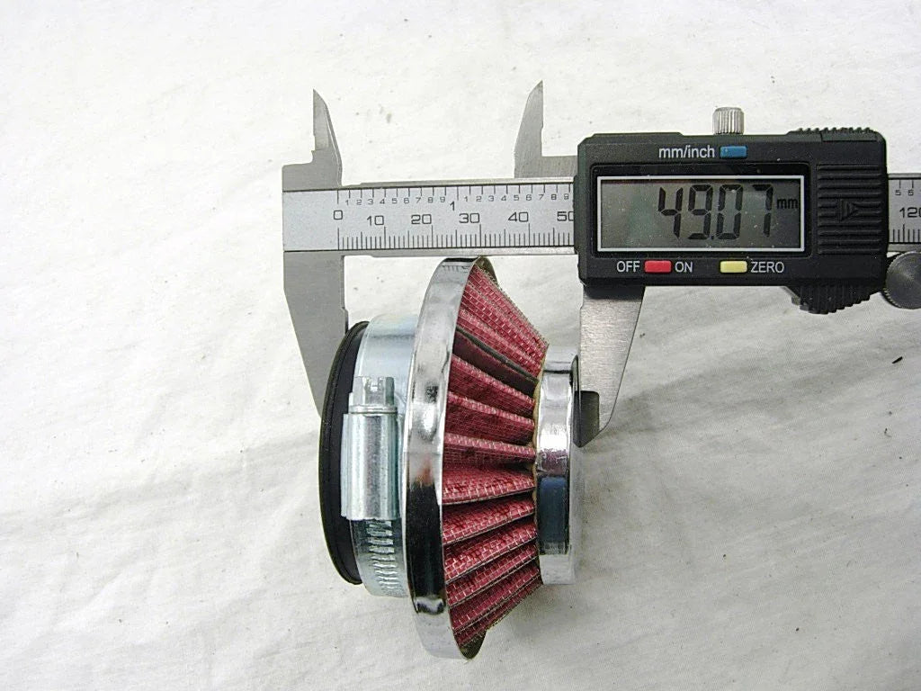 Close-up of red cone air filter measured by digital caliper showing 49.07 mm diameter