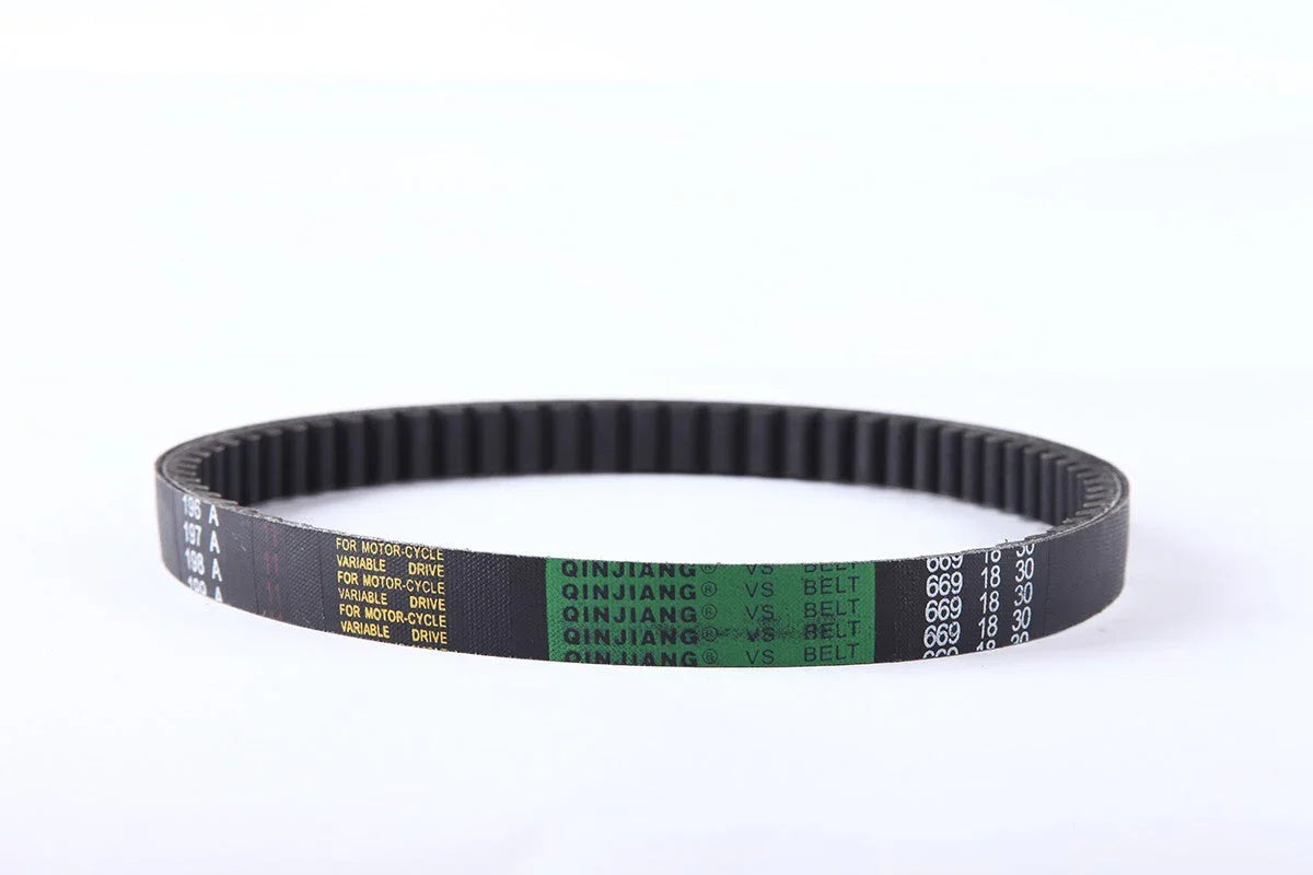 QINJIANG VS motorcycle variable drive timing belt with teeth, black rubber and printed text