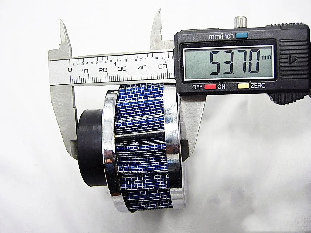 Digital caliper measuring 53.70 mm diameter of a blue and silver air filter with black base