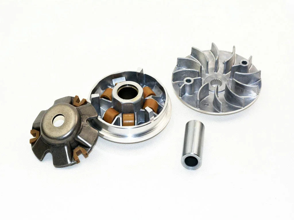Metal scooter variator components including fan, rollers, and spacer on white background
