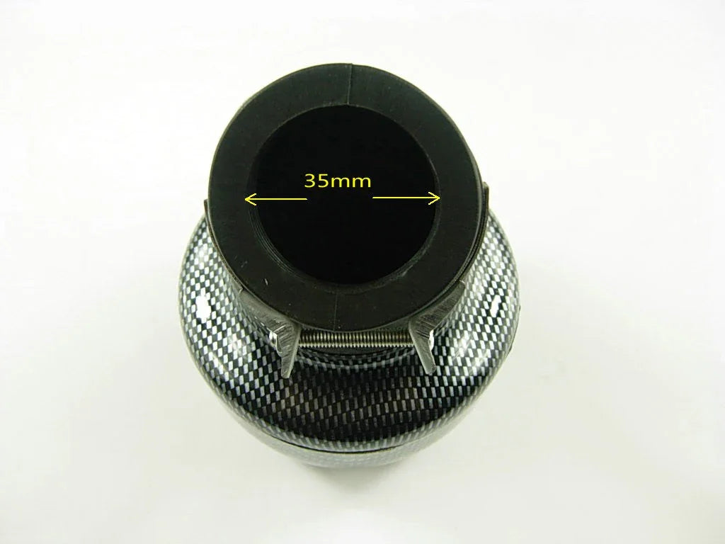 Carbon fiber air intake pipe with 35mm diameter opening and clamp detail on white background
