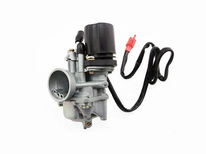 Electric carburetor with black wire and red connector on white background for engine fuel system