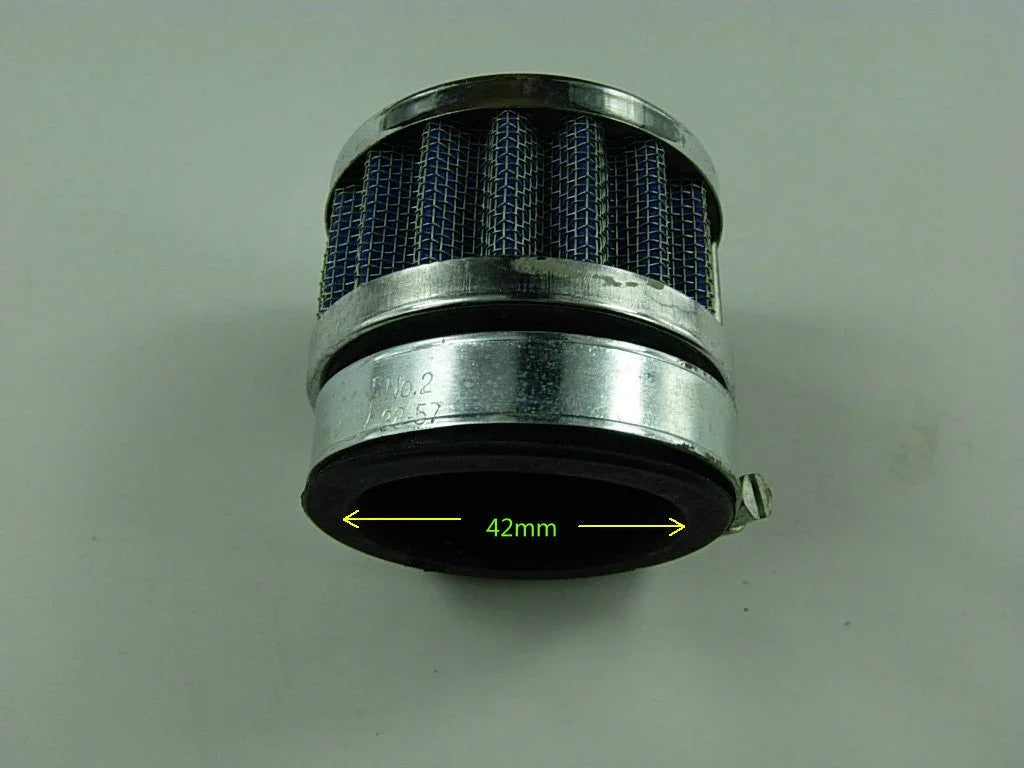 42mm metal and mesh air filter with clamp on light gray background