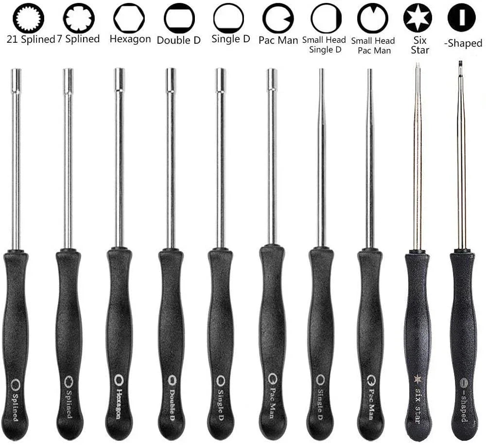 Set of 11 precision automotive lock pick tools with black handles and various shaped tips including splined, hexagon, double D, single D, Pac Man, six star, and I-shaped