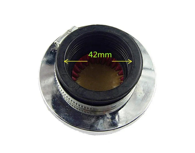 42mm black rubber hose adapter with metal clamp and shiny circular base isolated on white
