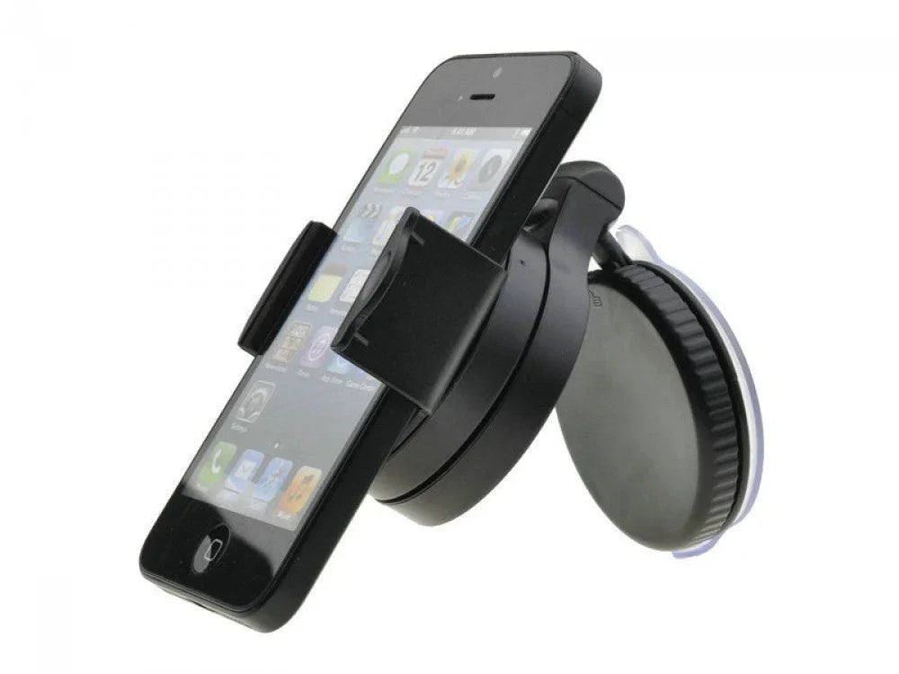 Black car dashboard phone mount with suction cup holding a smartphone at an angle