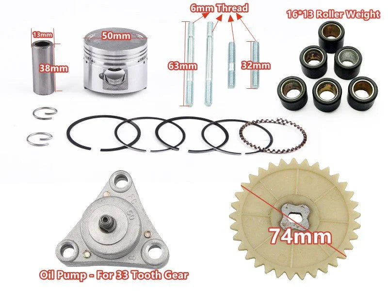 Motorcycle piston kit with piston, rings, clips, pins, rollers, oil pump, and 33-tooth gear with measurements