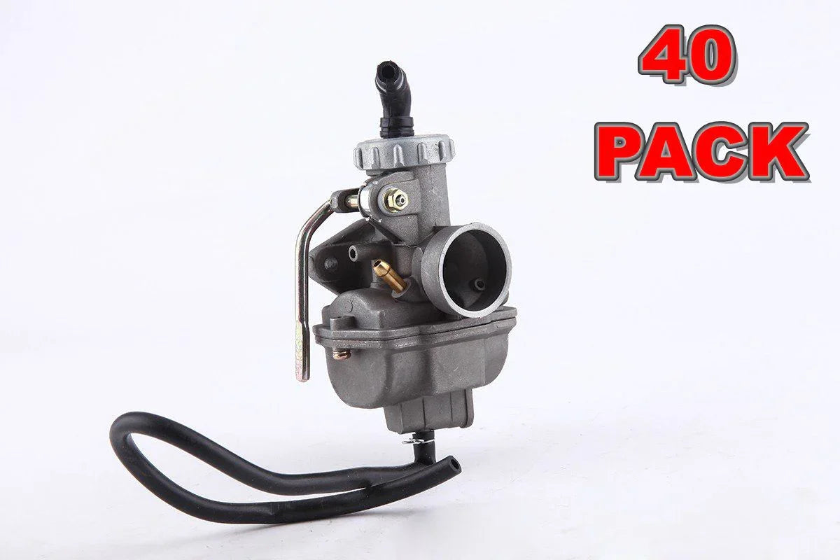 Single gray carburetor with black fuel line on white background, 40 pack label in red