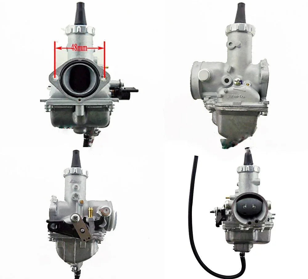 Silver motorcycle carburetor shown from four angles with 48mm intake measurement and attached cable