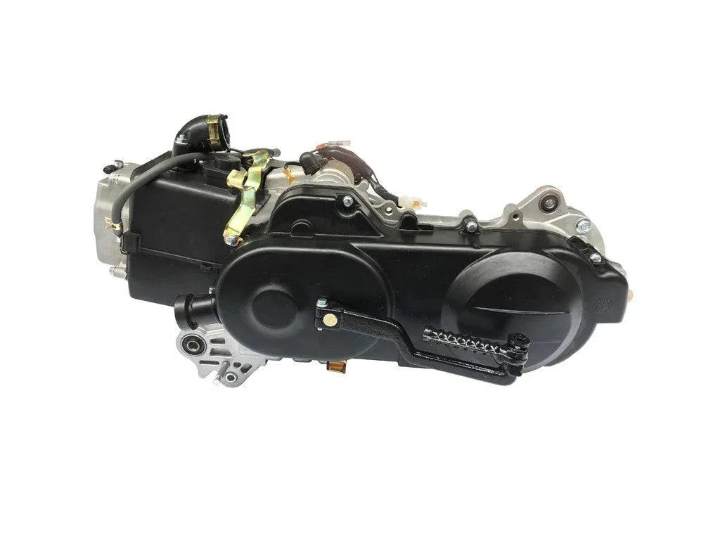 black and silver scooter engine motor with gear case and kick start lever isolated on white