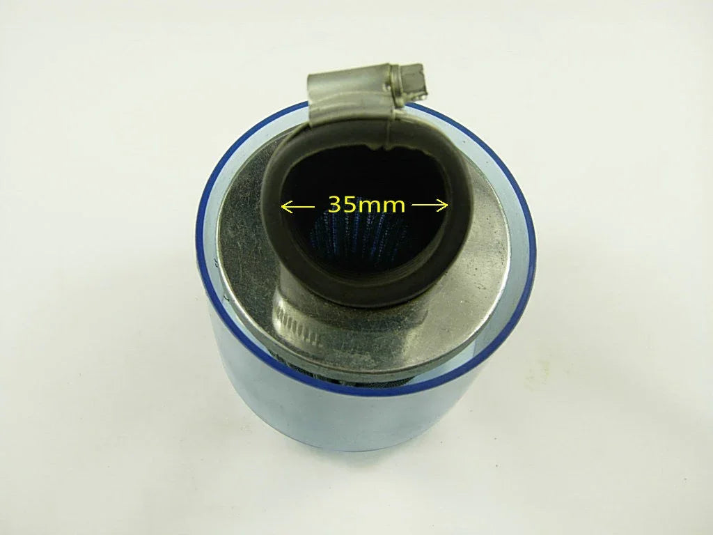 Blue cylindrical air filter with metal top and 35mm diameter inlet clamp