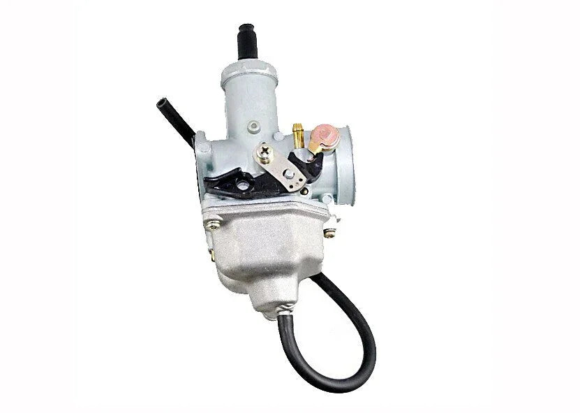 Silver motorcycle carburetor with black hose and adjustment components isolated on white background