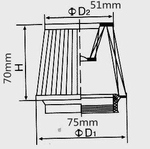 Technical drawing of a tapered mechanical component with dimensions 70mm height, 51mm and 75mm diameters