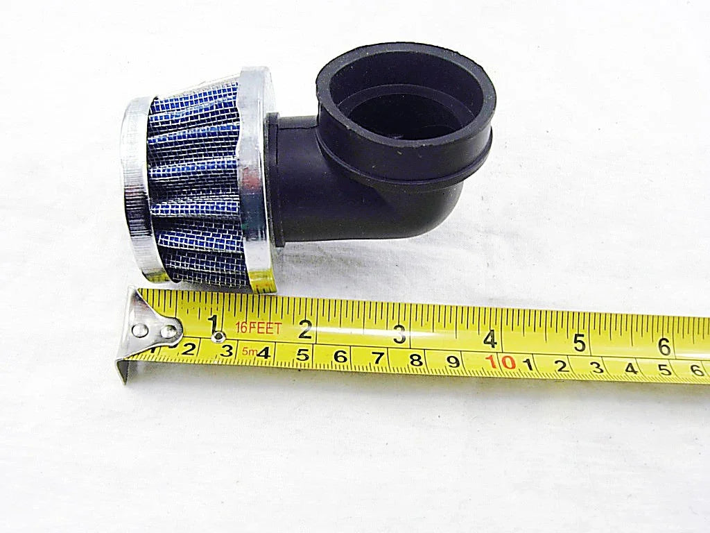 Small blue cone air filter with black elbow pipe placed next to yellow tape measure on white background