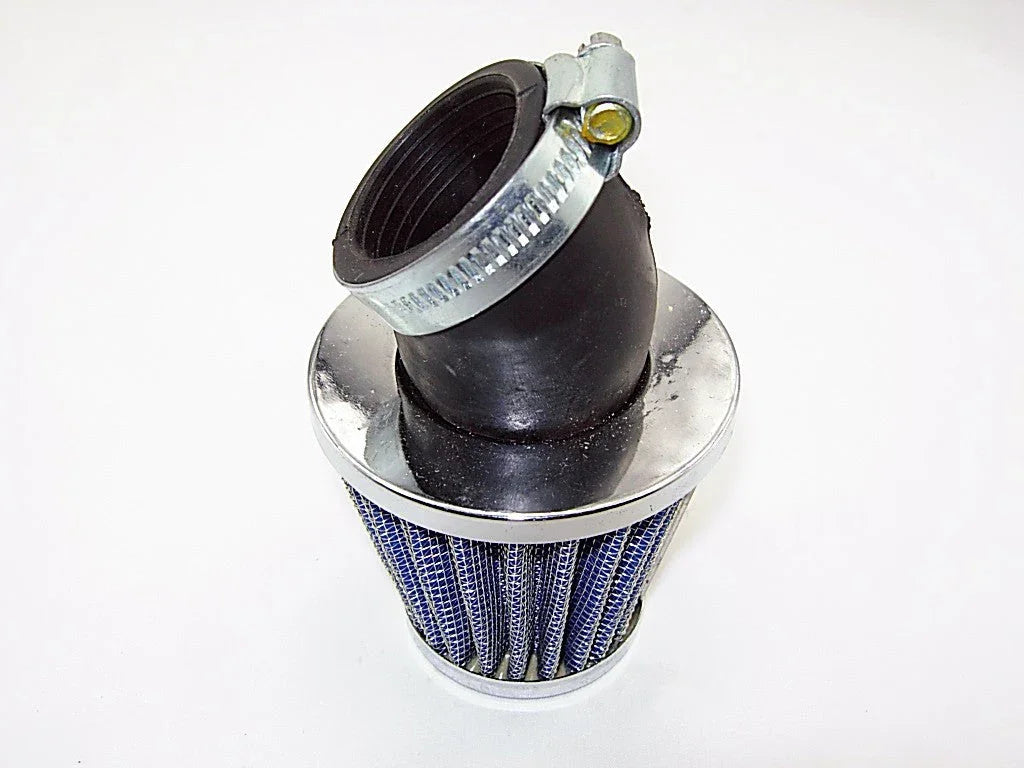 Cone-shaped blue air filter with black rubber inlet and metal clamp on white background