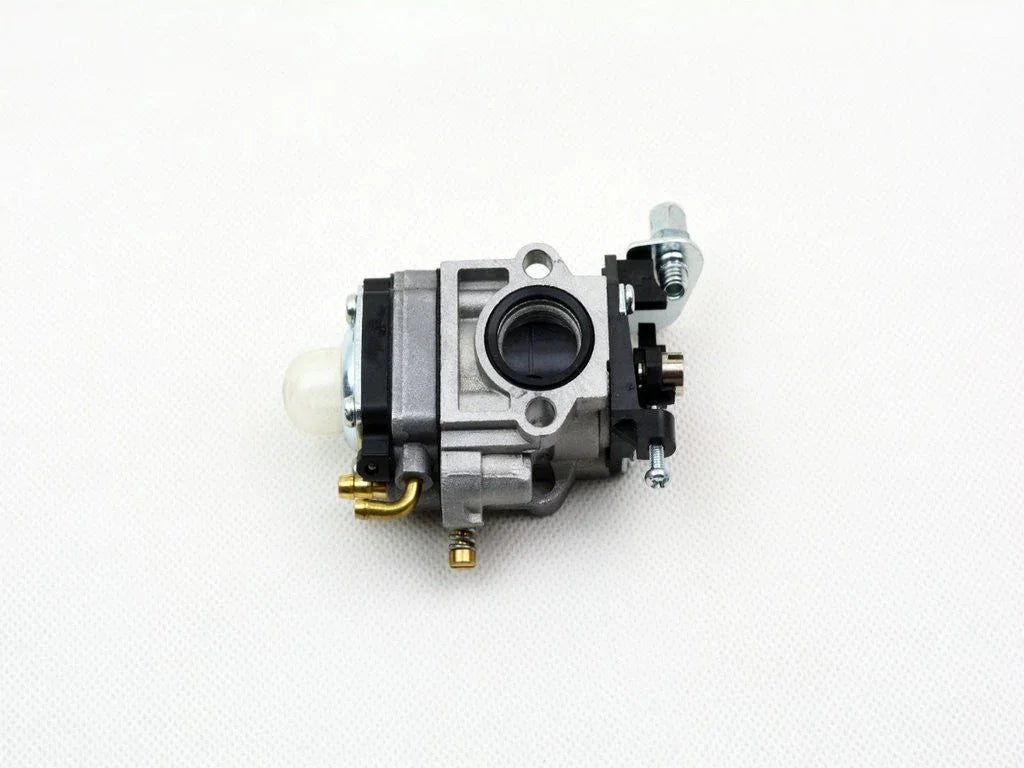 Small metal carburetor for engine with black plastic lever and brass fittings on white background