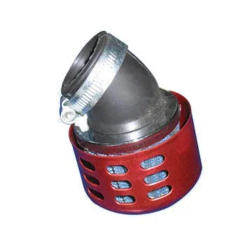 The vendor-unknown 48mm 30degree air filter features a black angled pipe fitting with a metal clamp attached to a red, ventilated cylindrical cover, designed for high flow intake in ATVs or 125cc Go Karts.