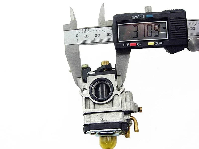 Digital caliper measuring 31.09 mm diameter of a small carburetor part on white background