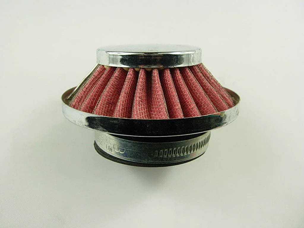 Small conical red fabric air filter with chrome top and metal clamp on plain background