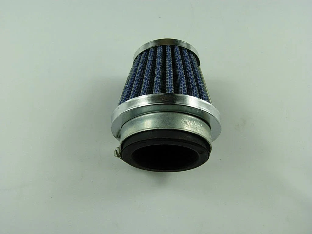 Blue conical air filter with metal base and clamp on white background