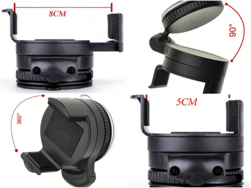 Black adjustable car phone holder with 360° rotation and 90° tilt, showing dimensions 8cm width and 5cm height