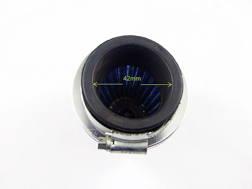 Close-up of a 42mm blue cone air filter with rubber rim and metal clamp on white background