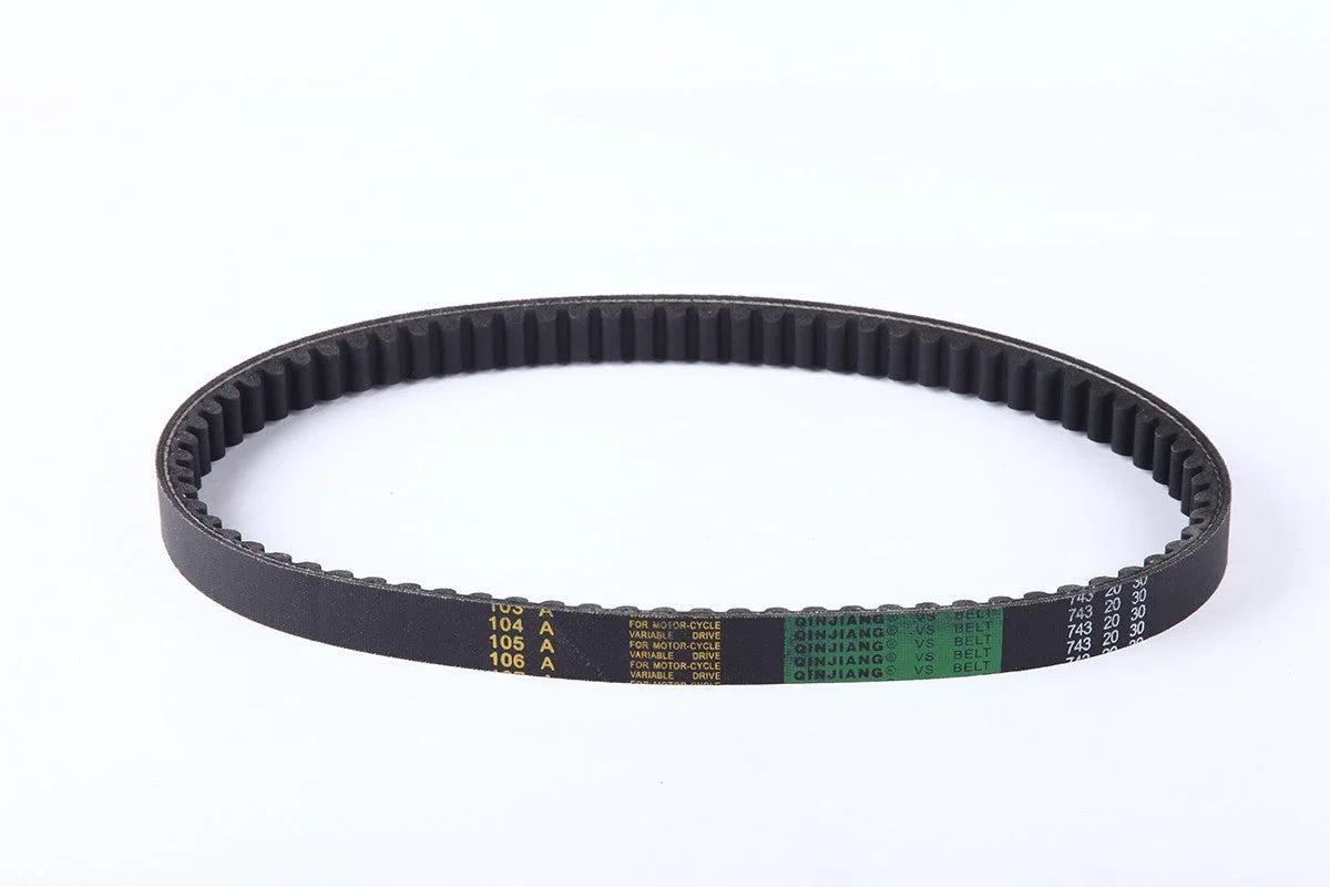 Black toothed motorcycle variable drive belt with yellow and green markings on white background