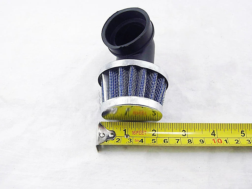 Small blue and silver air filter next to yellow measuring tape on white background