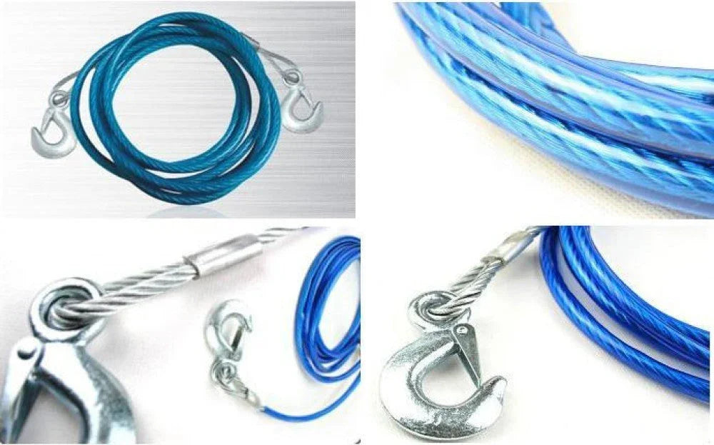 Blue steel tow cable with metal hooks, showing close-up details of the cable and hooks